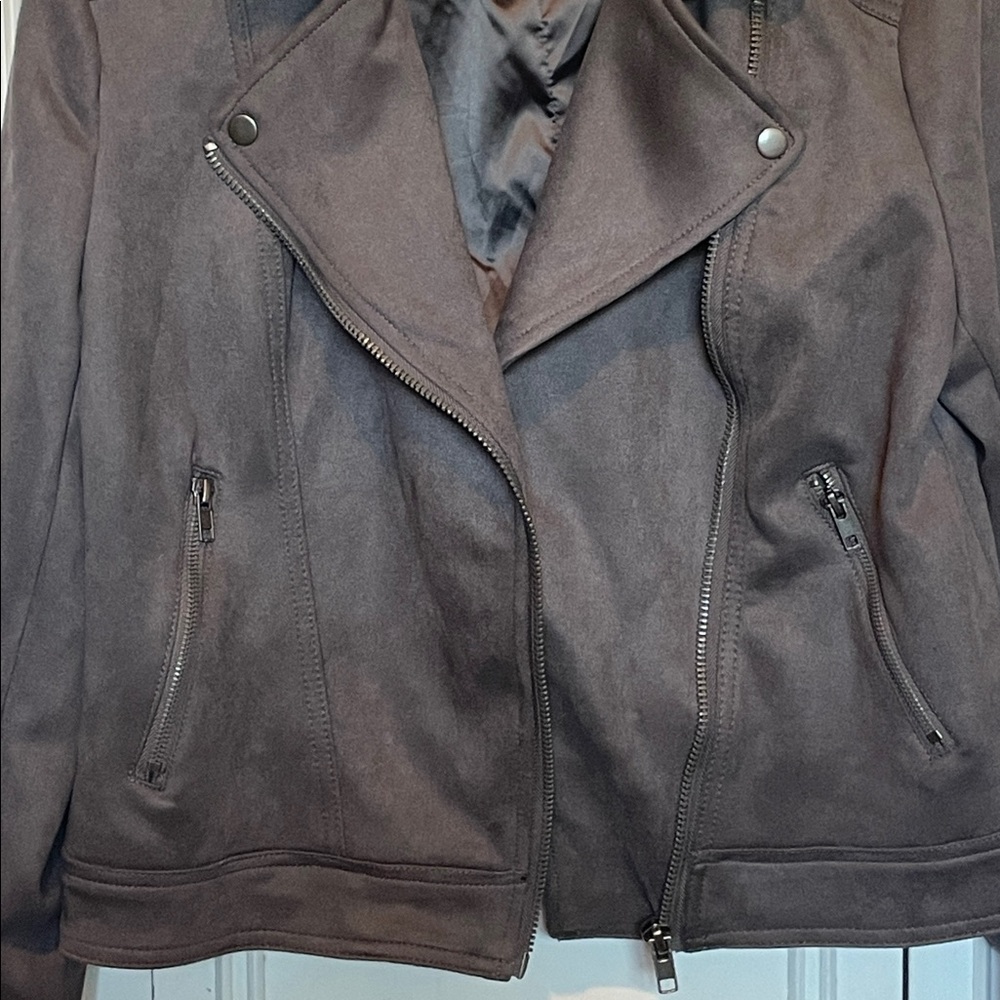 Philosophy Asymmetric Zip Faux Suede Moto Gray Cropped Jacket - Picture 3 of 4
